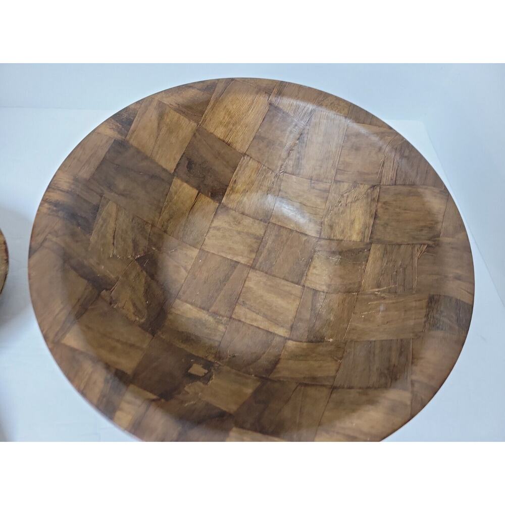 Vtg Mid-Century Wooden Weavewood Salad Brown Partial Bowl Set Kitchen Decor - Picture 5 of 10
